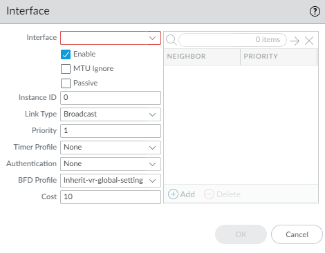 OSPFv3 Interface configuration window.
